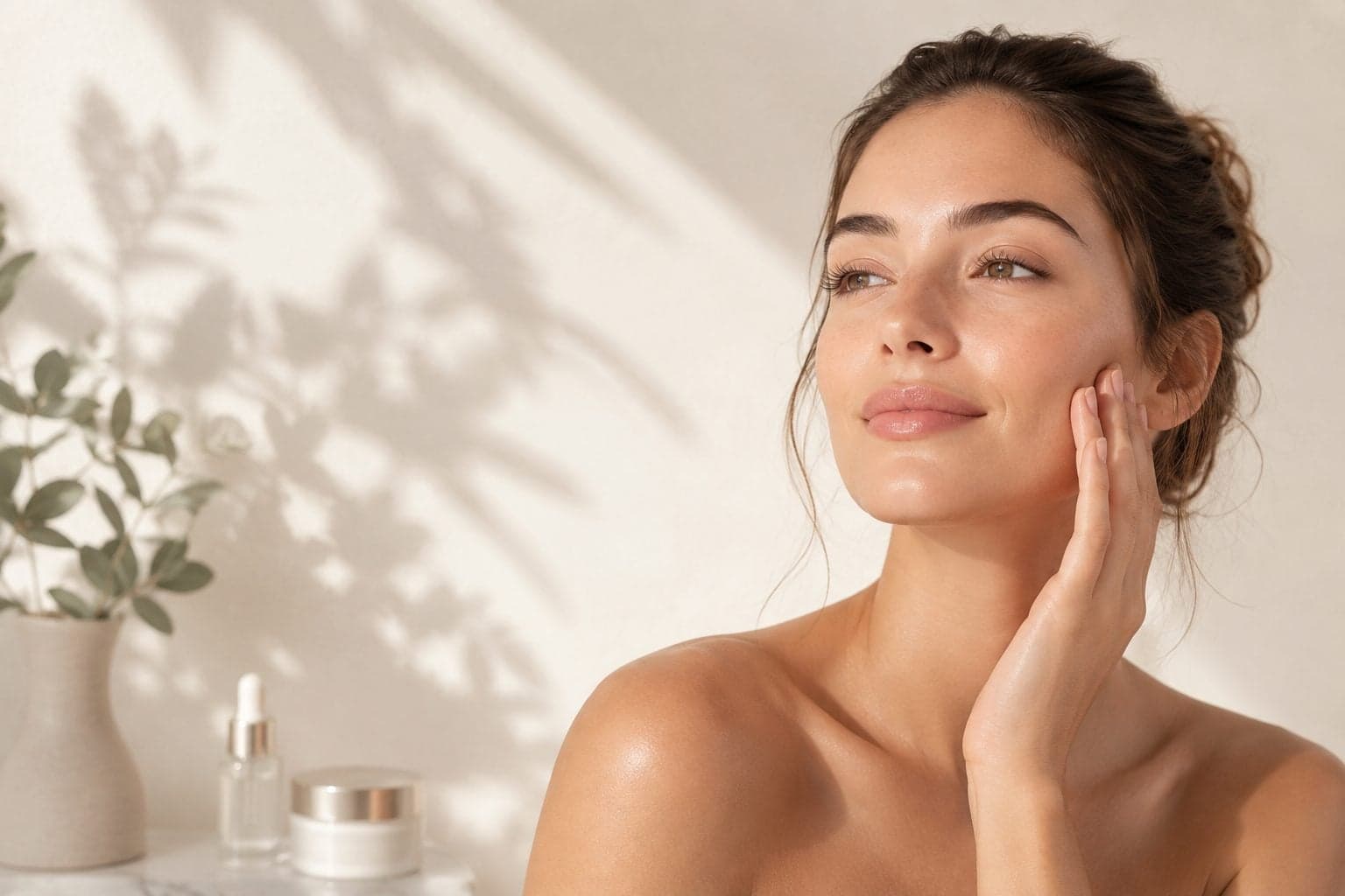 Woman with clear, glowing skin in soft morning light